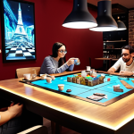 **Prompt:** A vibrant and bustling board game museum interior, showcasing diverse historical board games (chess, backgammon, Monopoly) displayed in glass cases and on interactive tables. Families are playing games, surrounded by colorful exhibits and historical artifacts. Focus on the atmosphere of discovery and learning, using warm lighting and a slightly wide-angle lens to capture the museum's scale. Include elements of Turkish culture subtly integrated in the museum design.