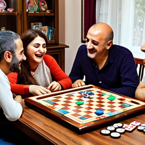 A heartwarming scene of a Turkish family gathered around a table, playing a board game. Laughter and joy are visible on their faces. The game is colorful and engaging, set in a cozy Turkish home. The image should evoke feelings of togetherness and happiness.