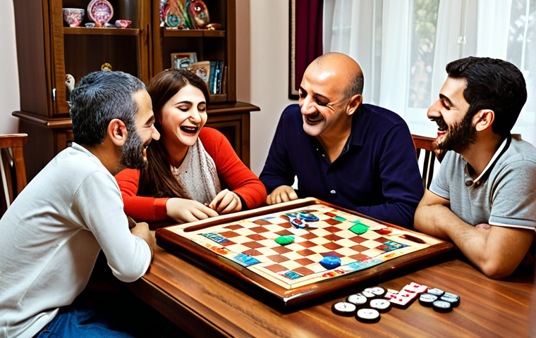 A heartwarming scene of a Turkish family gathered around a table, playing a board game. Laughter and joy are visible on their faces. The game is colorful and engaging, set in a cozy Turkish home. The image should evoke feelings of togetherness and happiness.