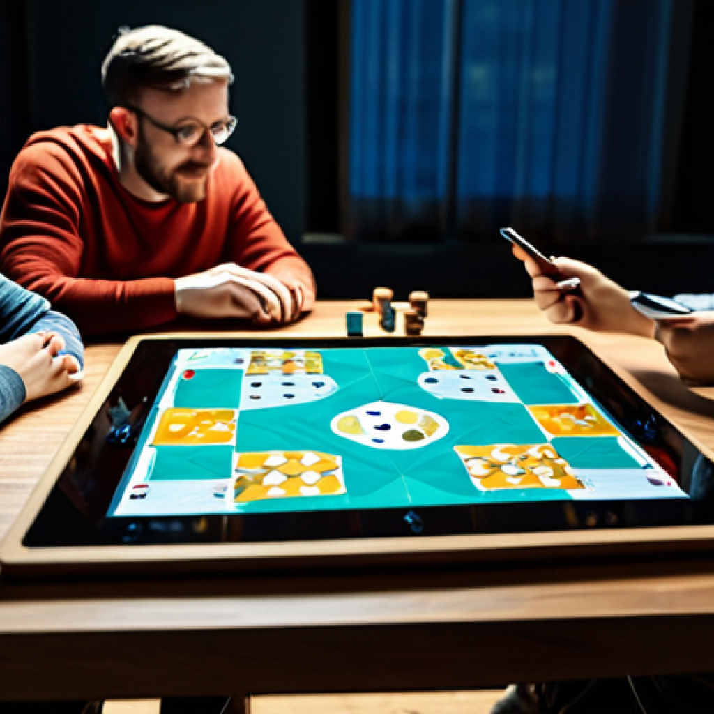 A diverse group of adults (2-4 people) gathered around a coffee table, intently playing a modern hybrid board game. The game setup features a physical game board with detailed miniature figures and cards, seamlessly integrated with glowing augmented reality projections of digital characters and interactive visual effects hovering above the board. Each player has a sleek tablet or smartphone displaying game-specific digital interfaces, which they use to interact with the game. The setting is a warm, inviting living room with soft, ambient lighting. The atmosphere is one of focused engagement and friendly competition. All subjects are fully clothed in modest, appropriate attire, safe for work, appropriate content, perfect anatomy, correct proportions, natural pose, well-formed hands, proper finger count, natural body proportions, family-friendly.