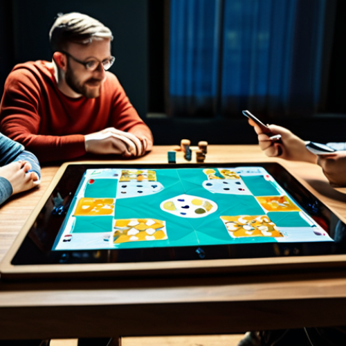 A diverse group of adults (2-4 people) gathered around a coffee table, intently playing a modern hybrid board game. The game setup features a physical game board with detailed miniature figures and cards, seamlessly integrated with glowing augmented reality projections of digital characters and interactive visual effects hovering above the board. Each player has a sleek tablet or smartphone displaying game-specific digital interfaces, which they use to interact with the game. The setting is a warm, inviting living room with soft, ambient lighting. The atmosphere is one of focused engagement and friendly competition. All subjects are fully clothed in modest, appropriate attire, safe for work, appropriate content, perfect anatomy, correct proportions, natural pose, well-formed hands, proper finger count, natural body proportions, family-friendly.