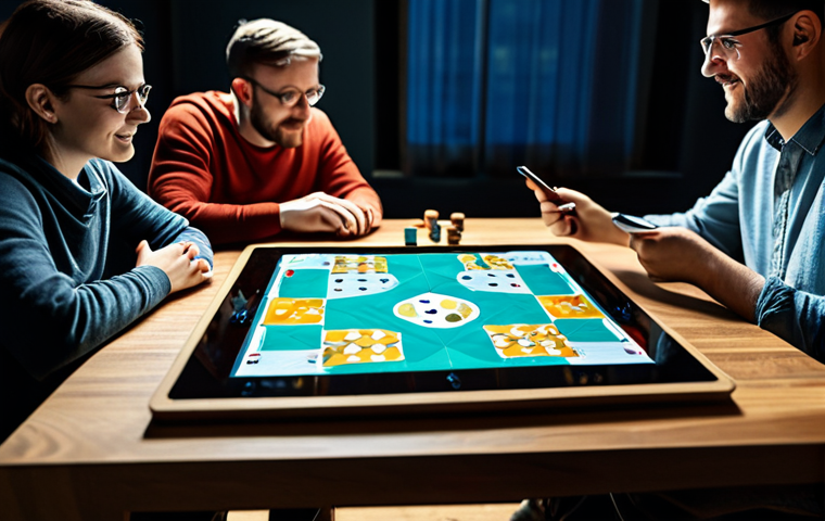 A diverse group of adults (2-4 people) gathered around a coffee table, intently playing a modern hybrid board game. The game setup features a physical game board with detailed miniature figures and cards, seamlessly integrated with glowing augmented reality projections of digital characters and interactive visual effects hovering above the board. Each player has a sleek tablet or smartphone displaying game-specific digital interfaces, which they use to interact with the game. The setting is a warm, inviting living room with soft, ambient lighting. The atmosphere is one of focused engagement and friendly competition. All subjects are fully clothed in modest, appropriate attire, safe for work, appropriate content, perfect anatomy, correct proportions, natural pose, well-formed hands, proper finger count, natural body proportions, family-friendly.